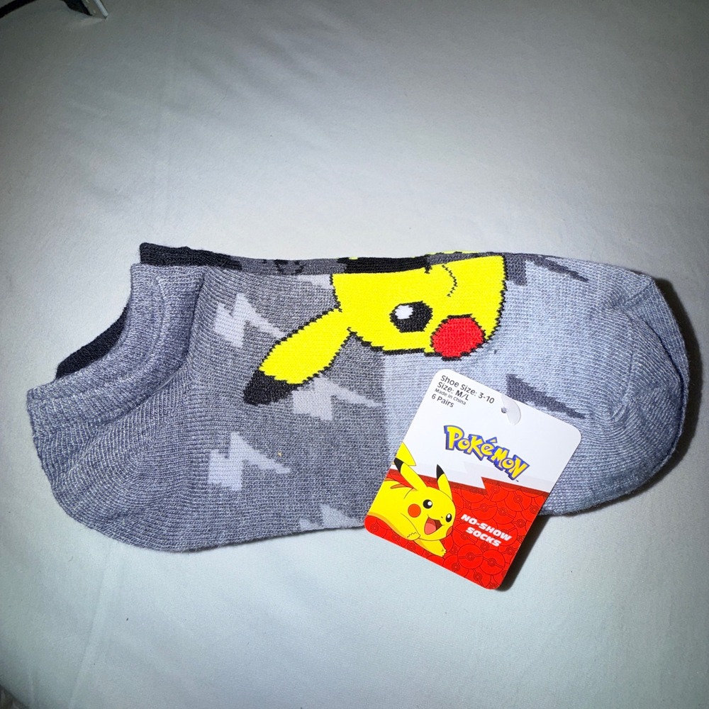 Pokemon No-Show Socks Kids M/L Size 3-10 Grey Yellow NEW 6 Pairs